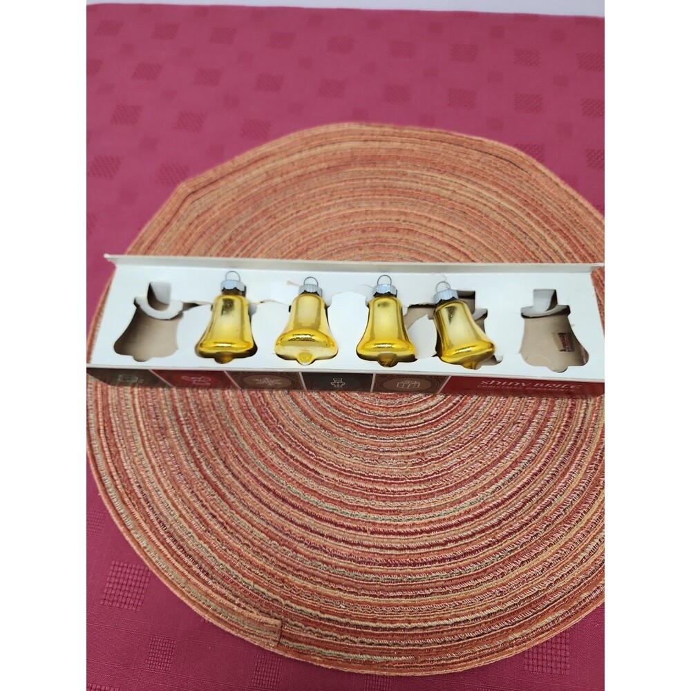Mid-Century Shiny Brite Gold Bells Set Of 4 In Original Box Retro Holiday Charm